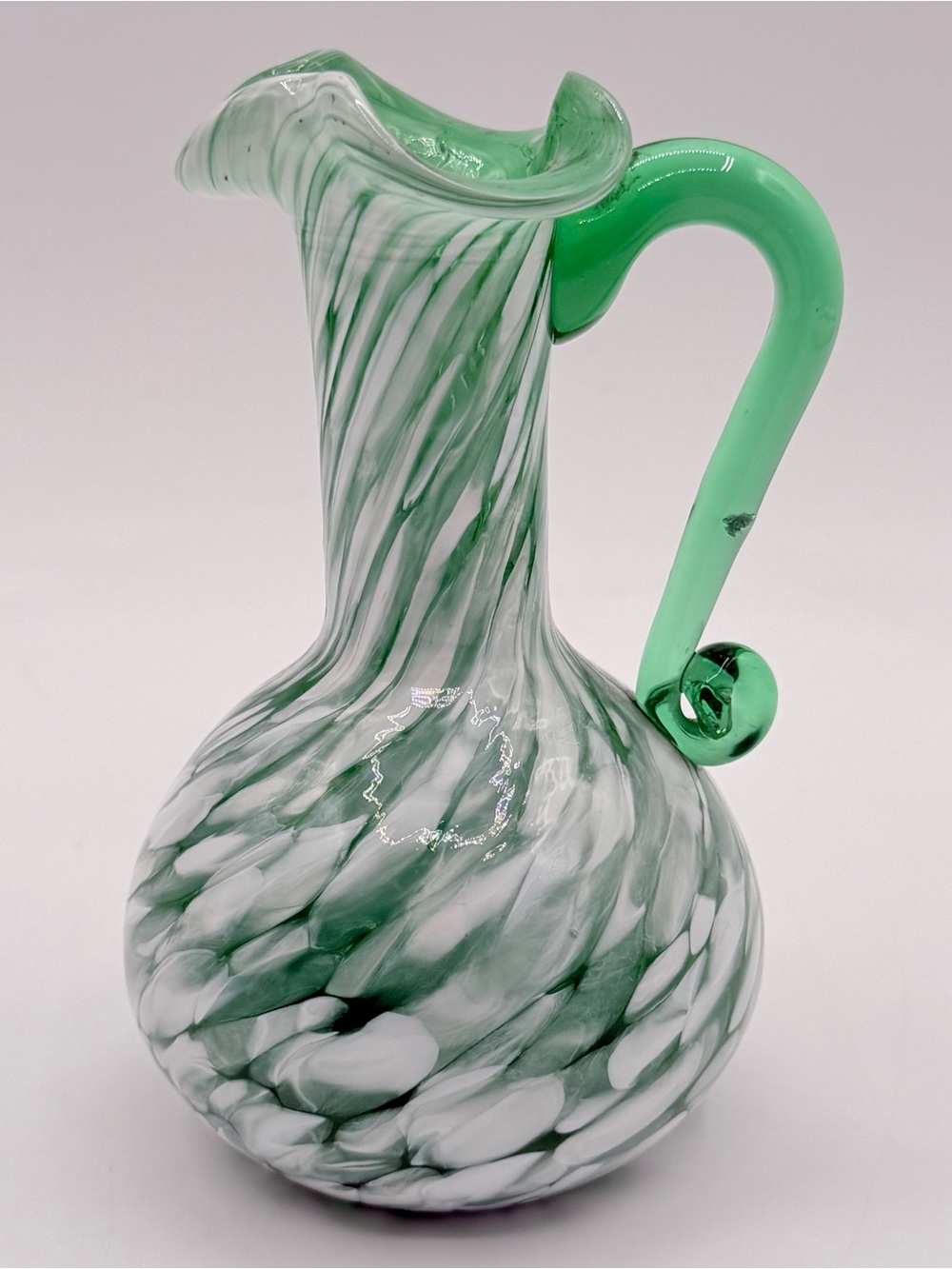 Vintage Green Blown Glass White Spatterware Speckled Pitcher 5" tall
